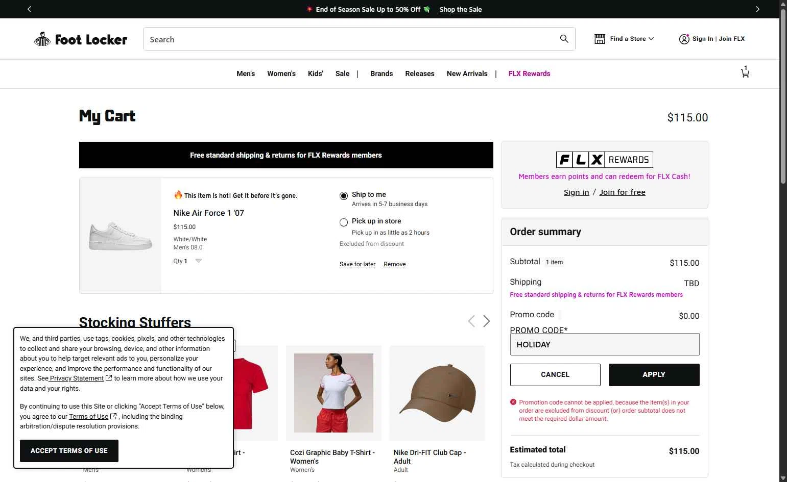 Footaction checkout page showing Footaction promo code box | Screenshot taken by SimplyCodes community member on Dec 31, 2025