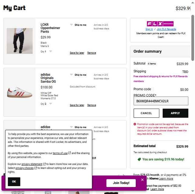Foot Locker checkout page showing Foot Locker promo code box | Screenshot taken by SimplyCodes community member on Jul 10, 2025