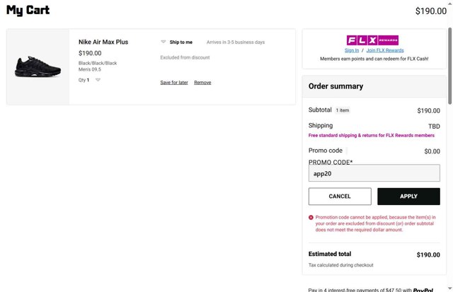 Foot Locker checkout page showing Foot Locker promo code box | Screenshot taken by SimplyCodes community member on Aug 19, 2025