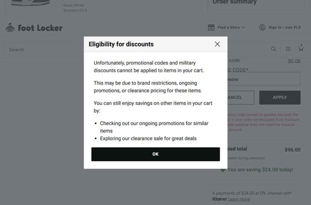 Foot Locker checkout page showing Foot Locker promo code box | Screenshot taken by SimplyCodes community member on Jun 9, 2025