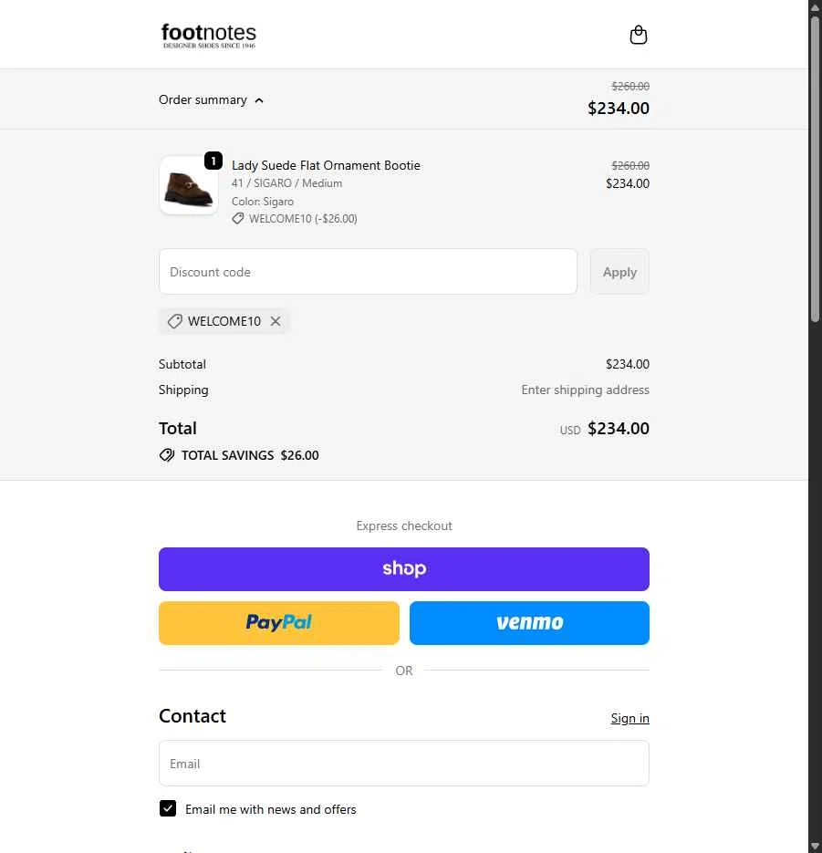 Footnotes checkout page showing Footnotes promo code box | Screenshot taken by SimplyCodes community member on Jan 15, 2026