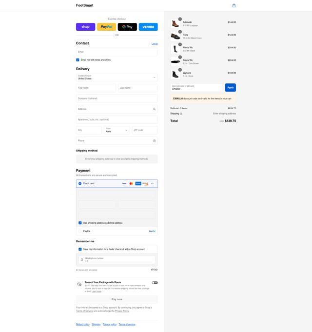 FootSmart checkout page showing FootSmart discount code box | Screenshot taken by SimplyCodes community member on Sep 4, 2025