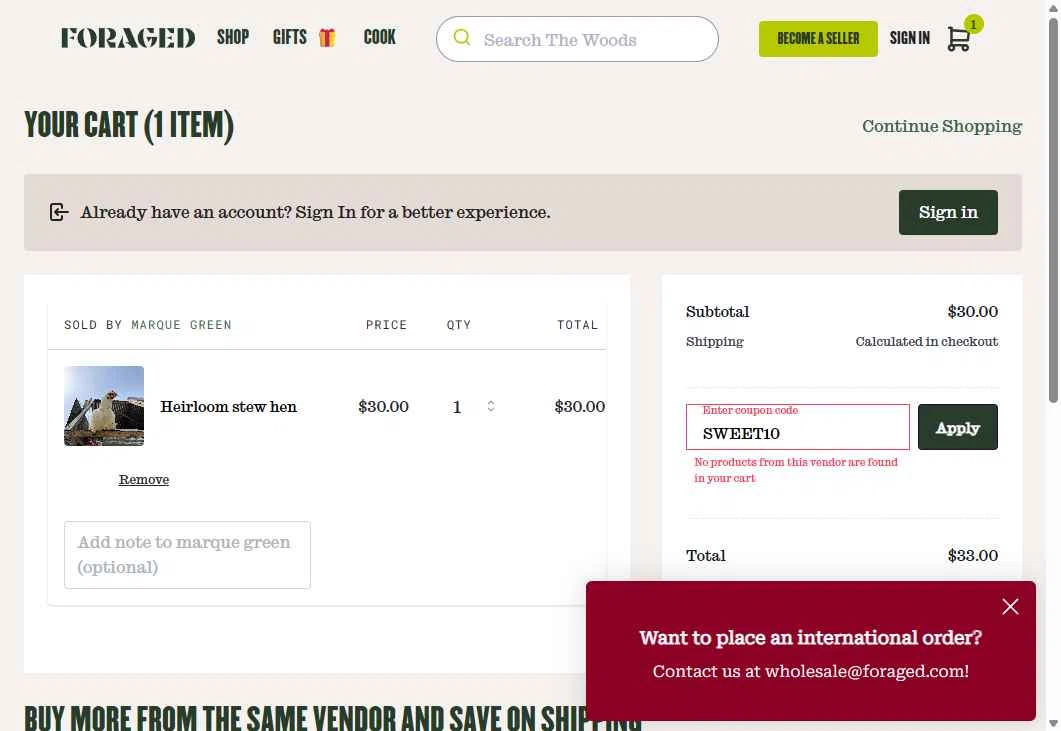 Foraged checkout page showing Foraged discount code box | Screenshot taken by SimplyCodes community member on Jan 1, 2026