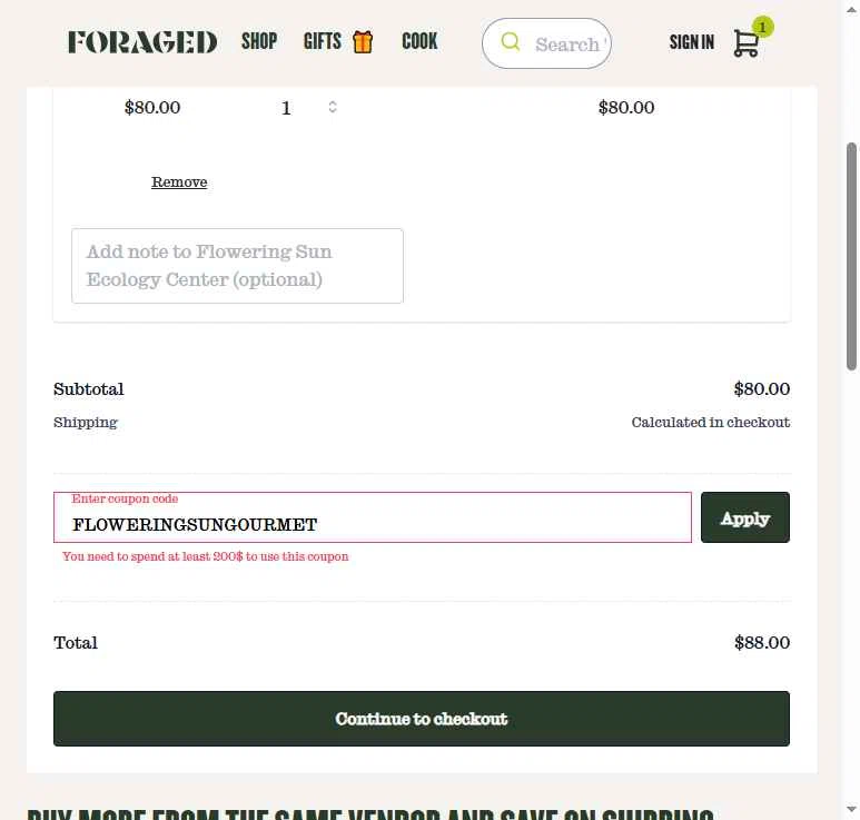 Foraged checkout page showing Foraged discount code box | Screenshot taken by SimplyCodes community member on Jan 19, 2026