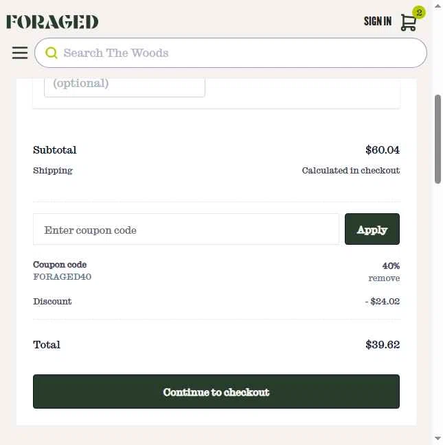 Foraged checkout page showing Foraged discount code box | Screenshot taken by SimplyCodes community member on Jan 3, 2026