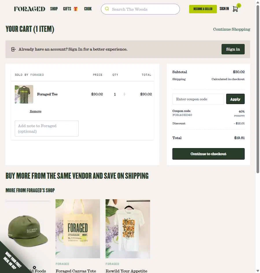 Foraged checkout page showing Foraged discount code box | Screenshot taken by SimplyCodes community member on Feb 1, 2026