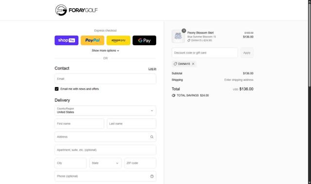 Foray Golf checkout page showing Foray Golf promo code box | Screenshot taken by SimplyCodes community member on Aug 19, 2025
