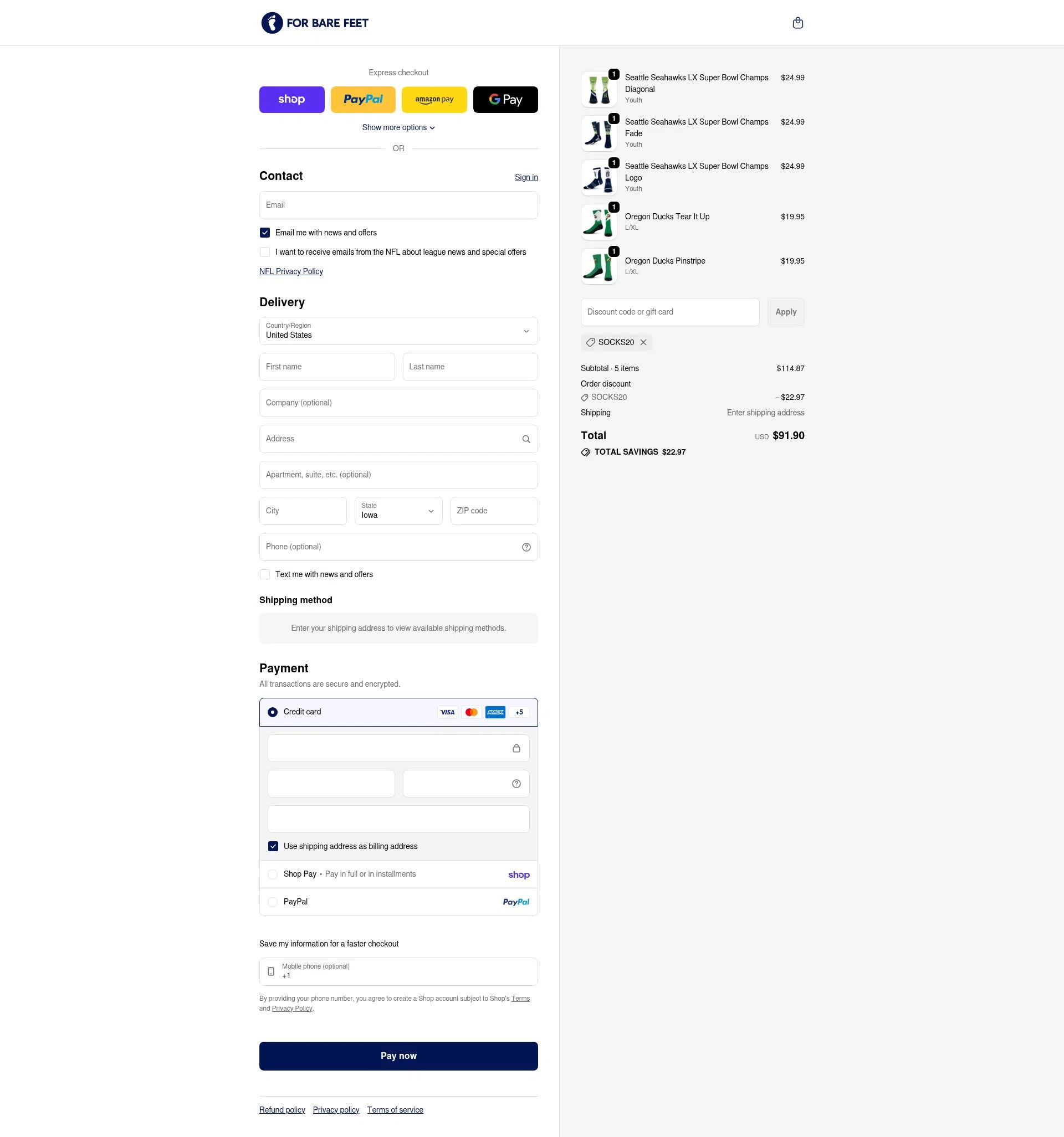 For Bare Feet checkout page showing For Bare Feet discount code box | Screenshot taken by SimplyCodes community member on Feb 20, 2026