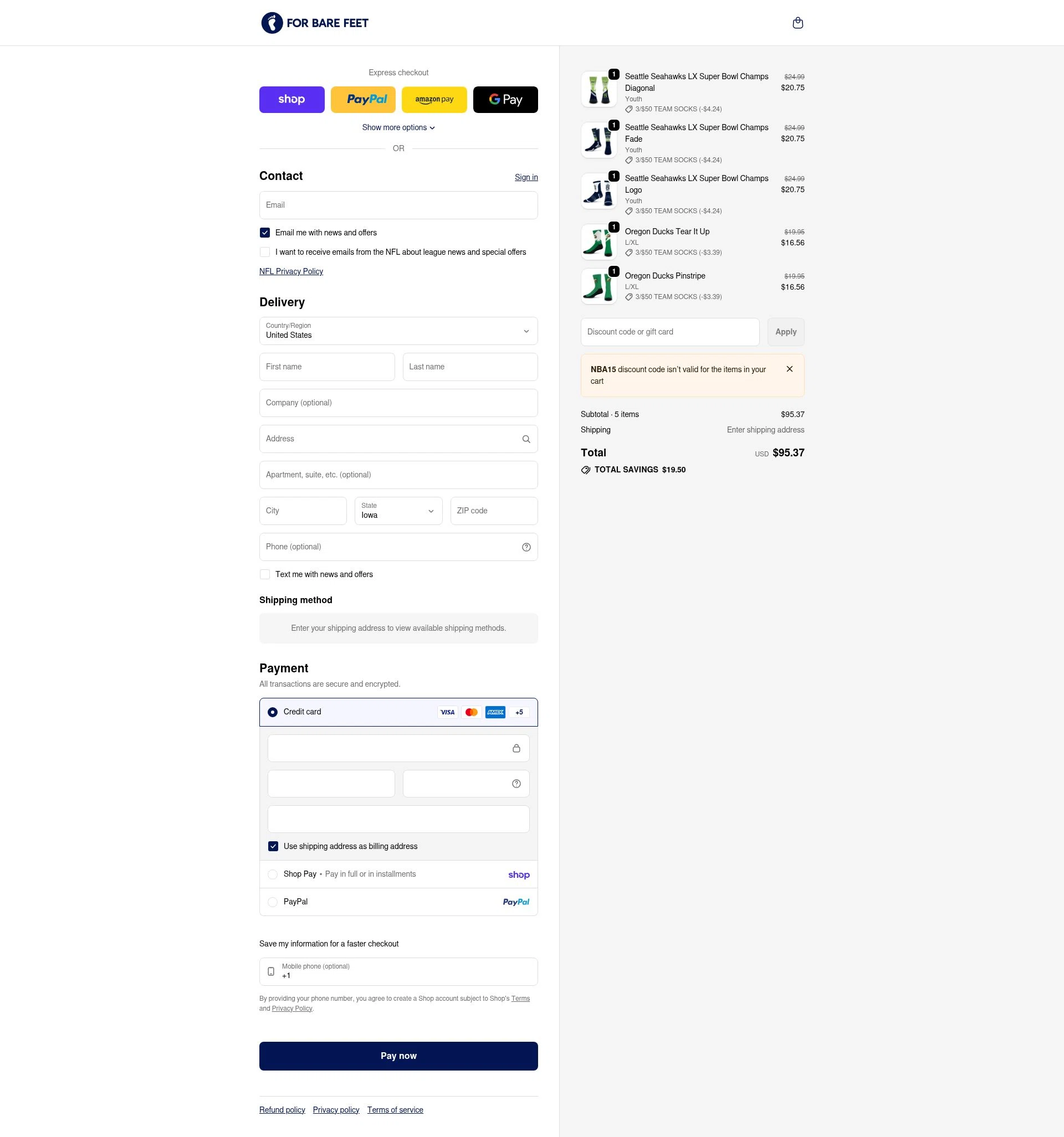 For Bare Feet checkout page showing For Bare Feet discount code box | Screenshot taken by SimplyCodes community member on Feb 20, 2026