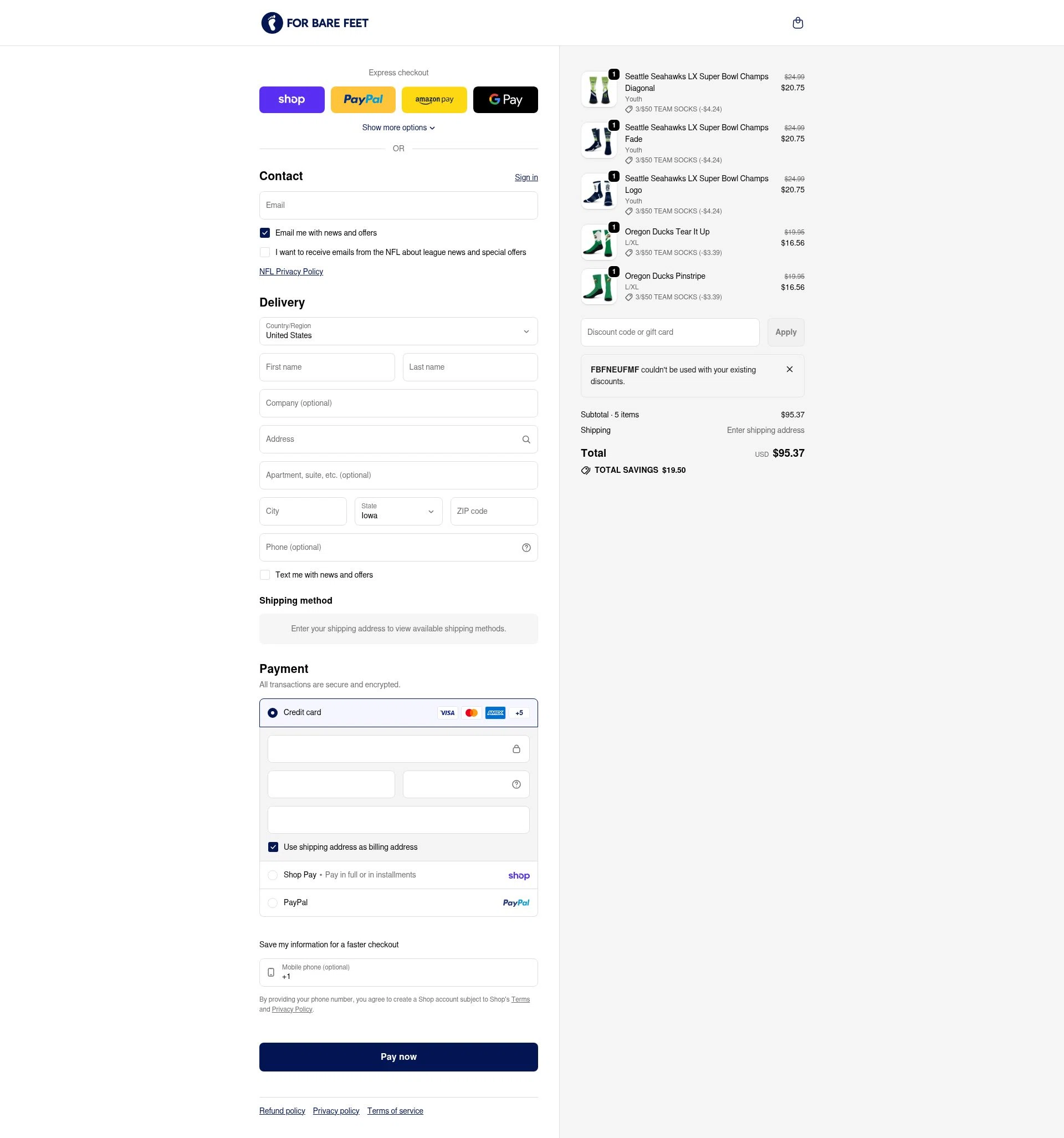 For Bare Feet checkout page showing For Bare Feet discount code box | Screenshot taken by SimplyCodes community member on Feb 20, 2026