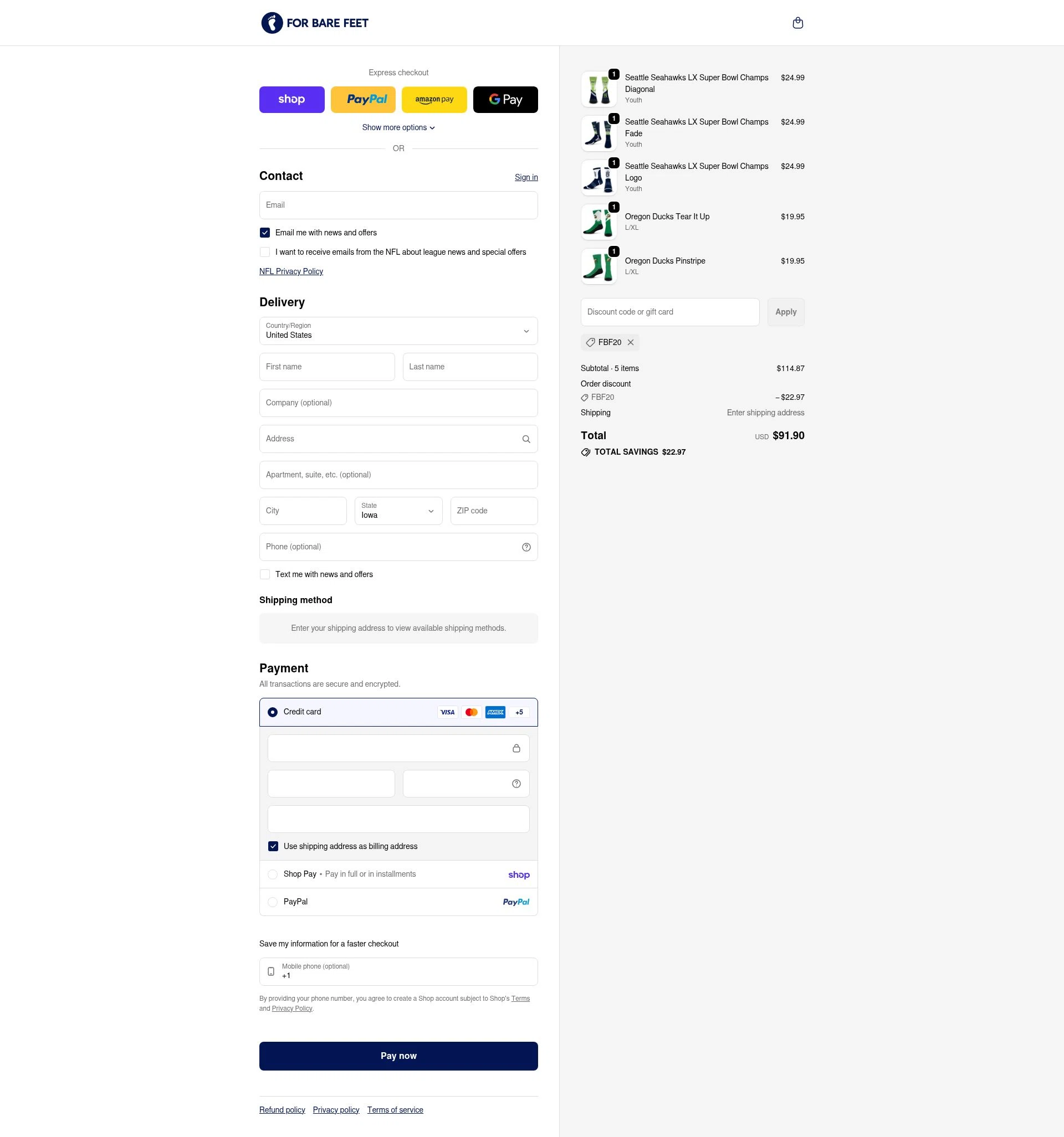 For Bare Feet checkout page showing For Bare Feet discount code box | Screenshot taken by SimplyCodes community member on Feb 20, 2026