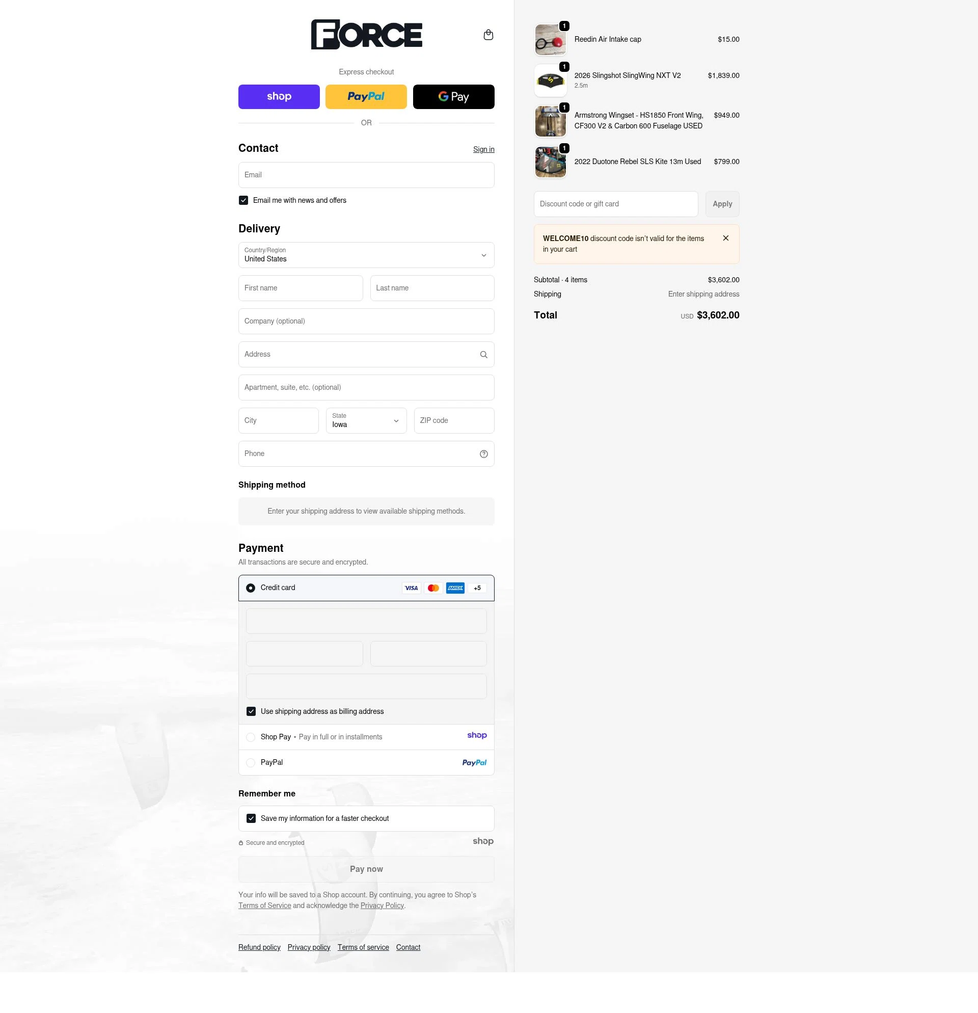 Force Kiteboarding checkout page showing Force Kiteboarding promo code box | Screenshot taken by SimplyCodes community member on Jan 20, 2026