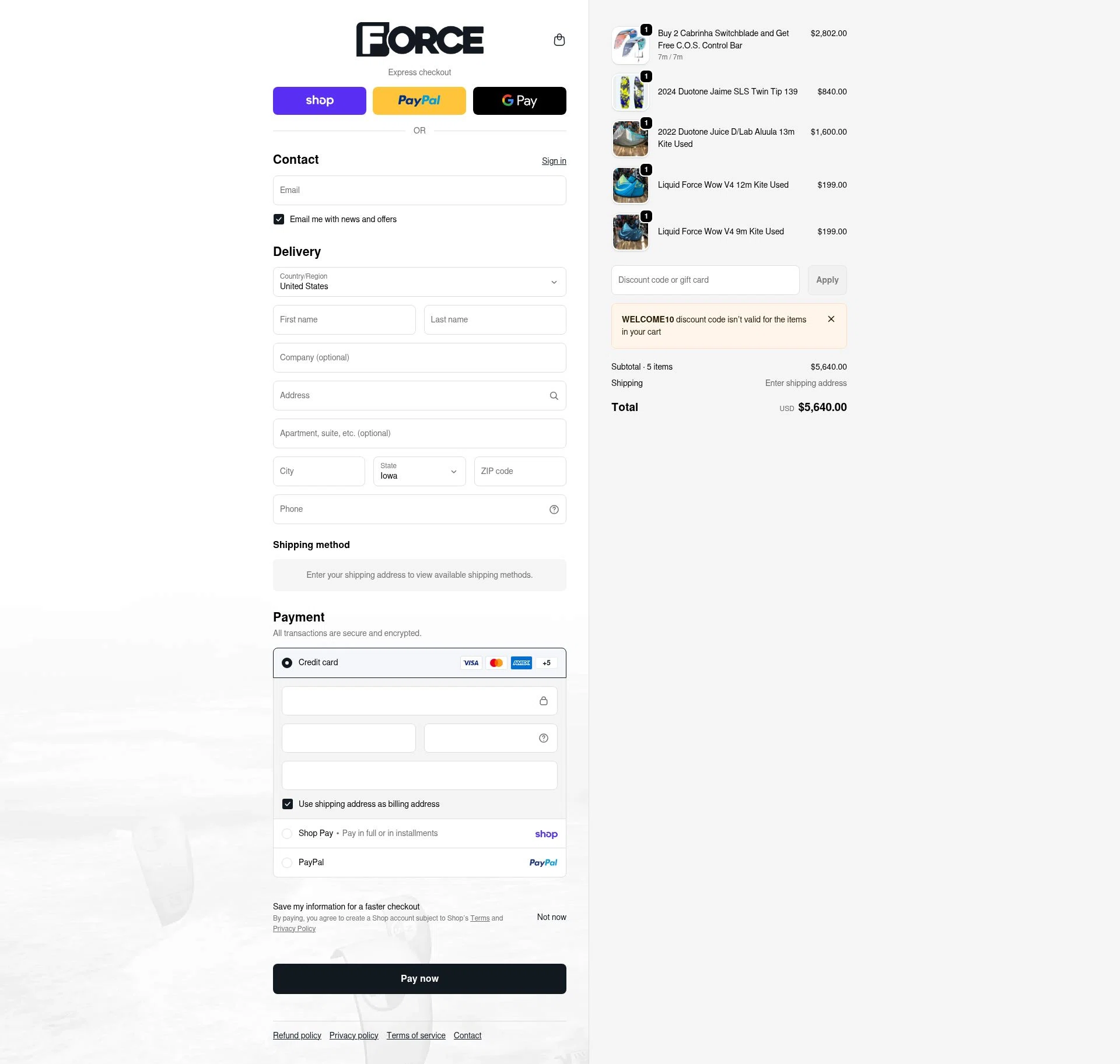 Force Kiteboarding checkout page showing Force Kiteboarding promo code box | Screenshot taken by SimplyCodes community member on Feb 16, 2026