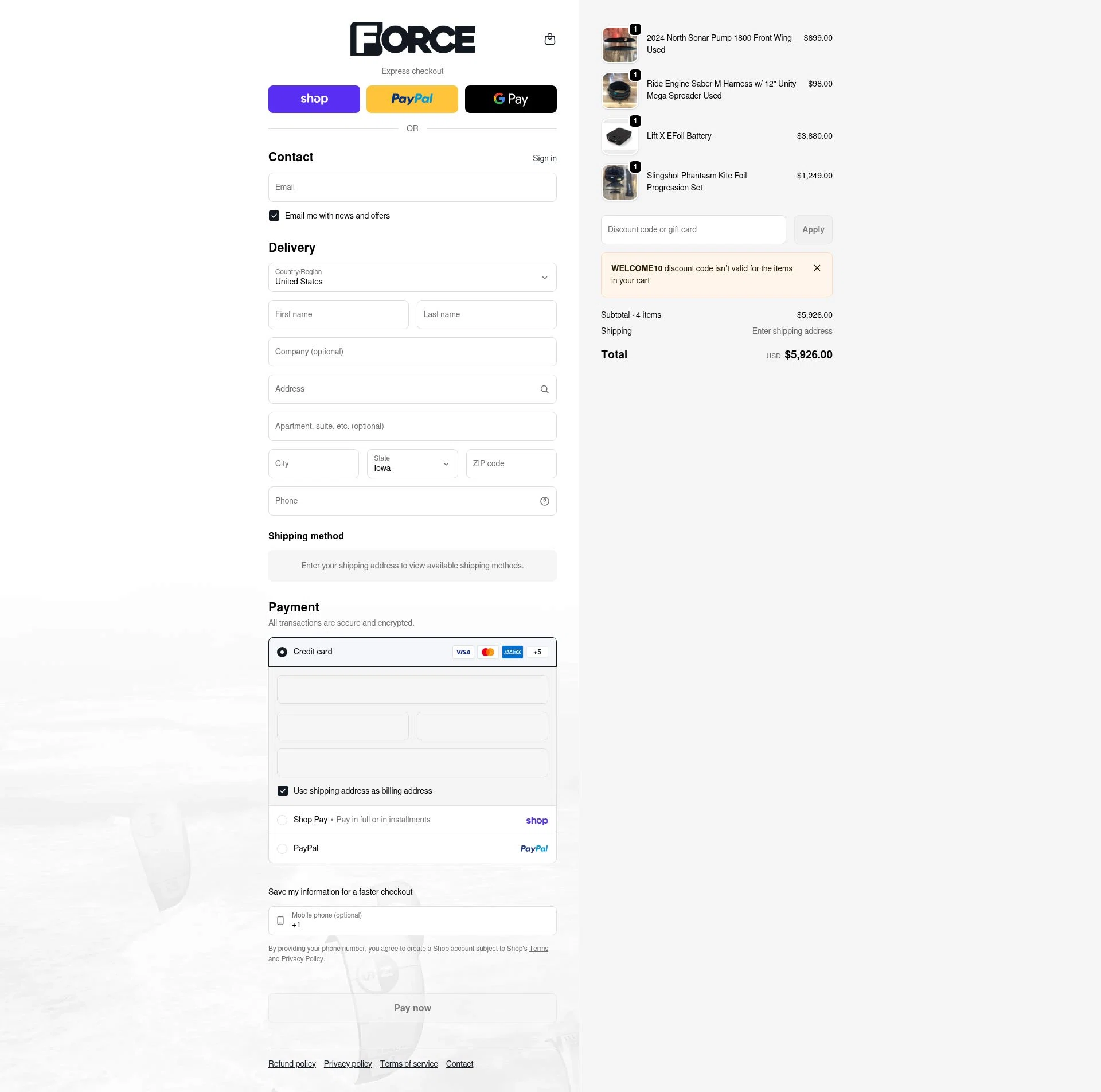 Force Kiteboarding checkout page showing Force Kiteboarding promo code box | Screenshot taken by SimplyCodes community member on Feb 11, 2026