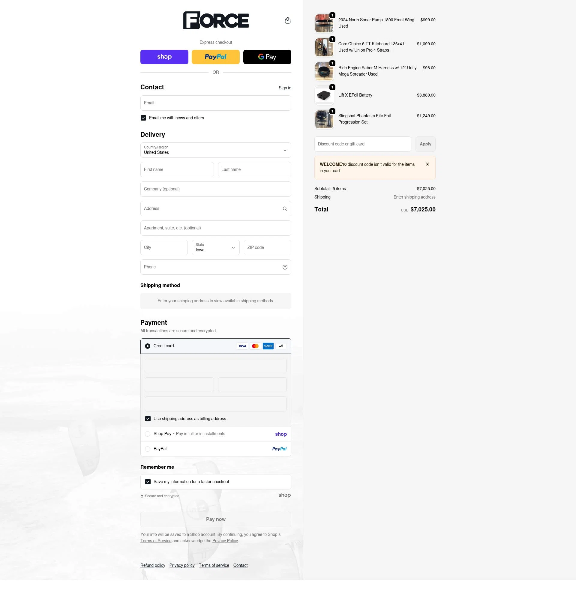 Force Kiteboarding checkout page showing Force Kiteboarding promo code box | Screenshot taken by SimplyCodes community member on Jan 29, 2026