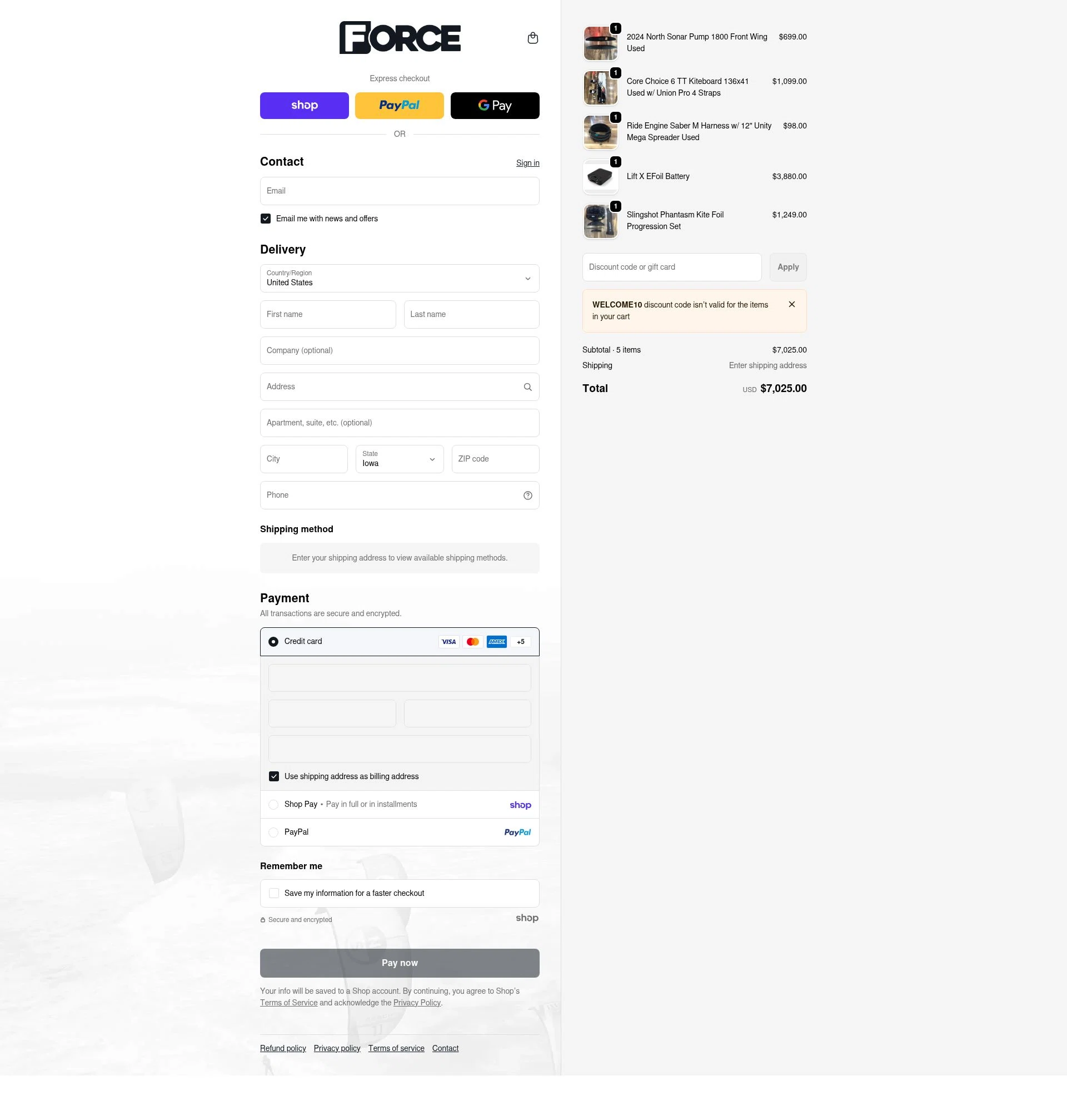 Force Kiteboarding checkout page showing Force Kiteboarding promo code box | Screenshot taken by SimplyCodes community member on Jan 25, 2026