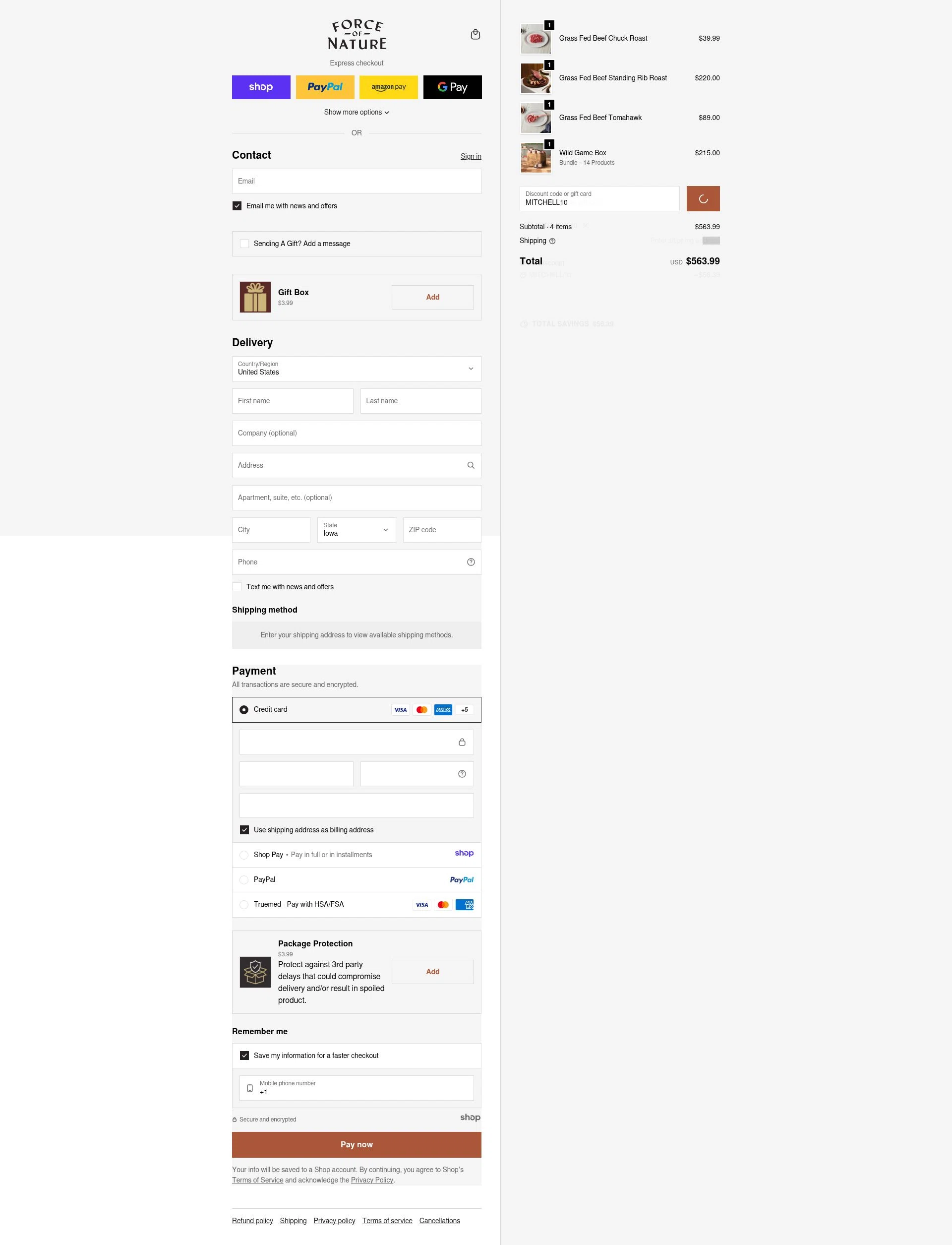 Force of Nature Meats checkout page showing Force of Nature Meats discount code box | Screenshot taken by SimplyCodes community member on Jan 2, 2026