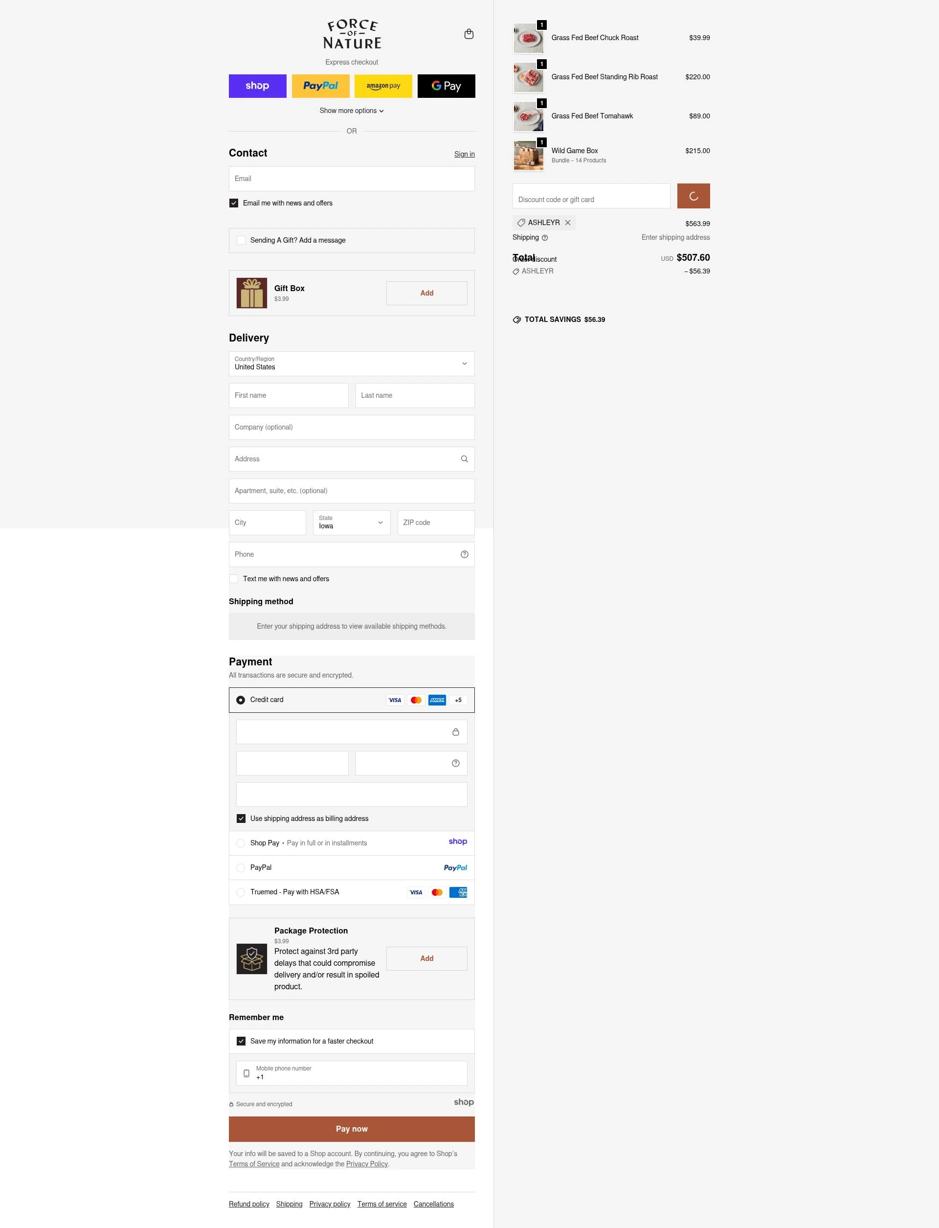 Force of Nature Meats checkout page showing Force of Nature Meats discount code box | Screenshot taken by SimplyCodes community member on Jan 7, 2026