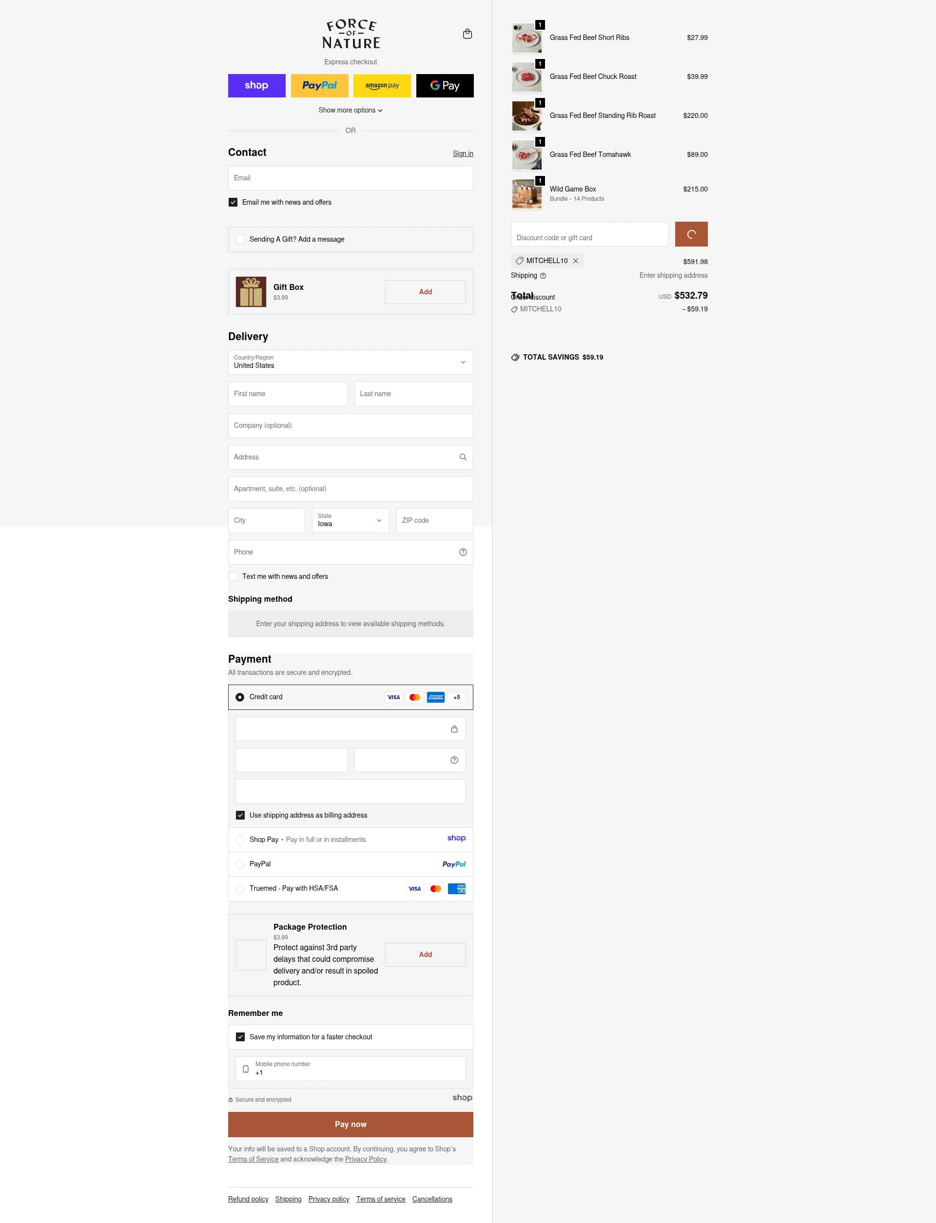 Force of Nature Meats checkout page showing Force of Nature Meats discount code box | Screenshot taken by SimplyCodes community member on Dec 28, 2025