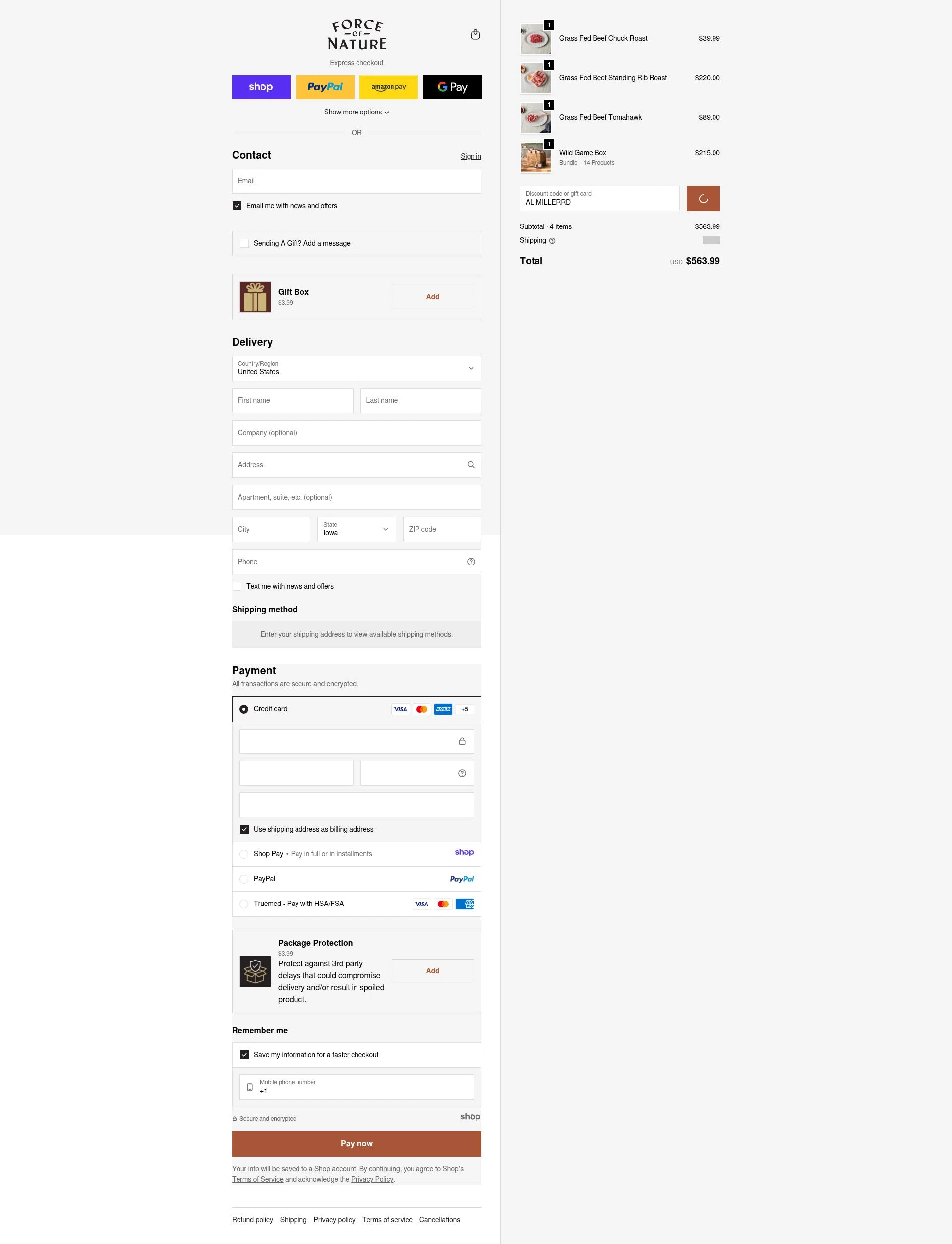 Force of Nature Meats checkout page showing Force of Nature Meats discount code box | Screenshot taken by SimplyCodes community member on Jan 7, 2026