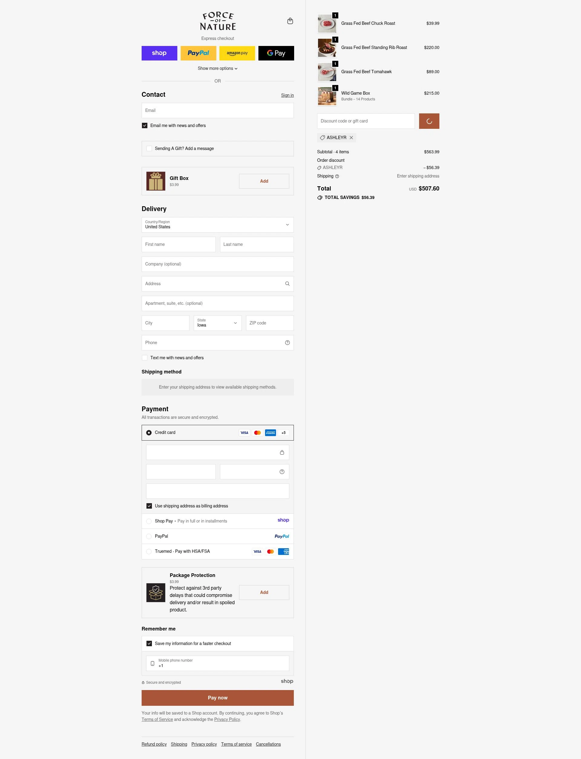 Force of Nature Meats checkout page showing Force of Nature Meats discount code box | Screenshot taken by SimplyCodes community member on Jan 2, 2026
