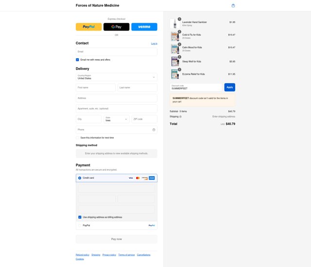 Forces of Nature Medicine checkout page showing Forces of Nature Medicine discount code box | Screenshot taken by SimplyCodes community member on Aug 31, 2025