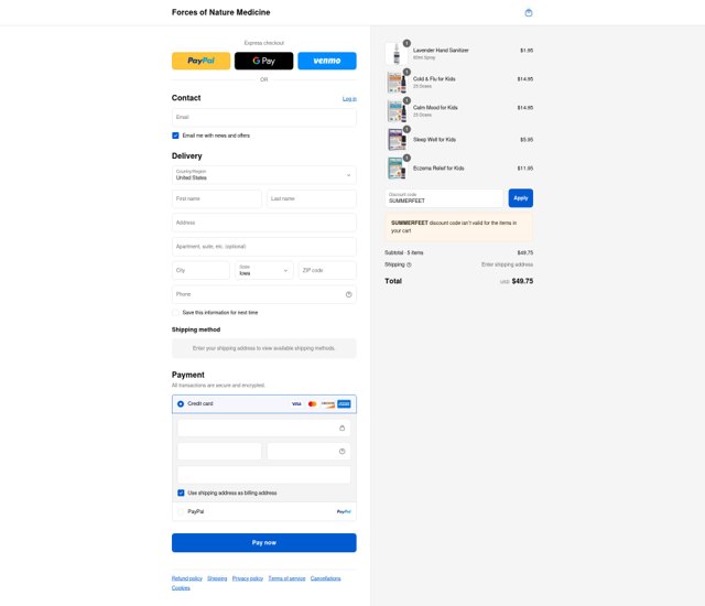 Forces of Nature Medicine checkout page showing Forces of Nature Medicine discount code box | Screenshot taken by SimplyCodes community member on Sep 4, 2025