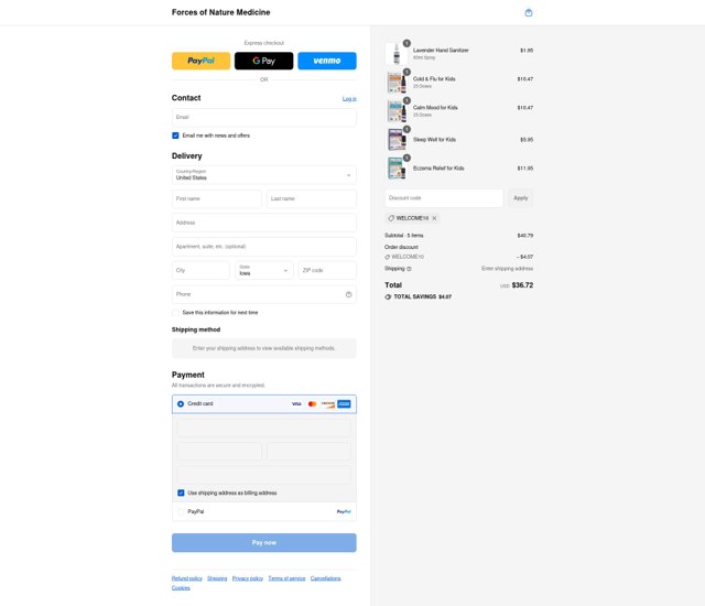 Forces of Nature Medicine checkout page showing Forces of Nature Medicine discount code box | Screenshot taken by SimplyCodes community member on Aug 31, 2025