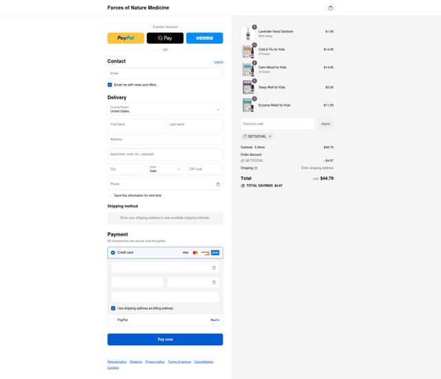 Forces of Nature Medicine checkout page showing Forces of Nature Medicine discount code box | Screenshot taken by SimplyCodes community member on Sep 4, 2025