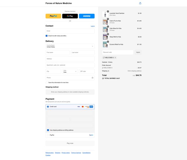 Forces of Nature Medicine checkout page showing Forces of Nature Medicine discount code box | Screenshot taken by SimplyCodes community member on Sep 4, 2025