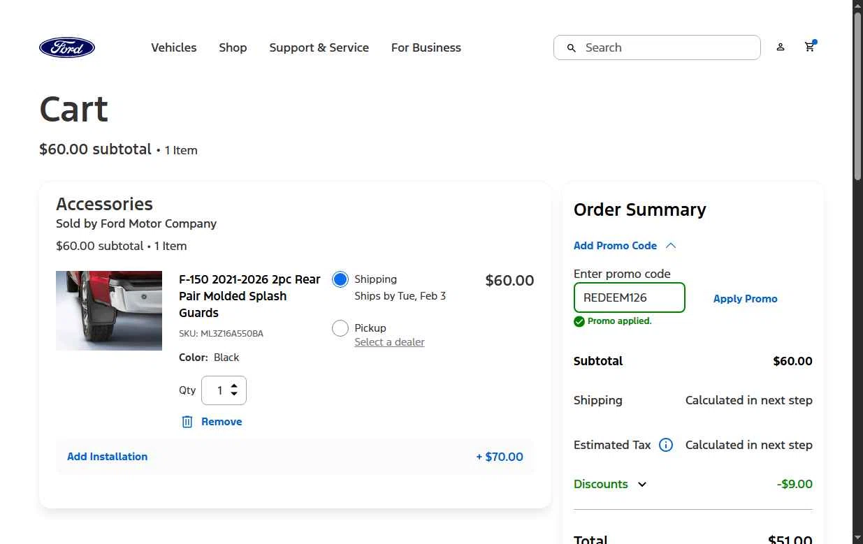 Ford checkout page showing Ford promo code box | Screenshot taken by SimplyCodes community member on Jan 31, 2026