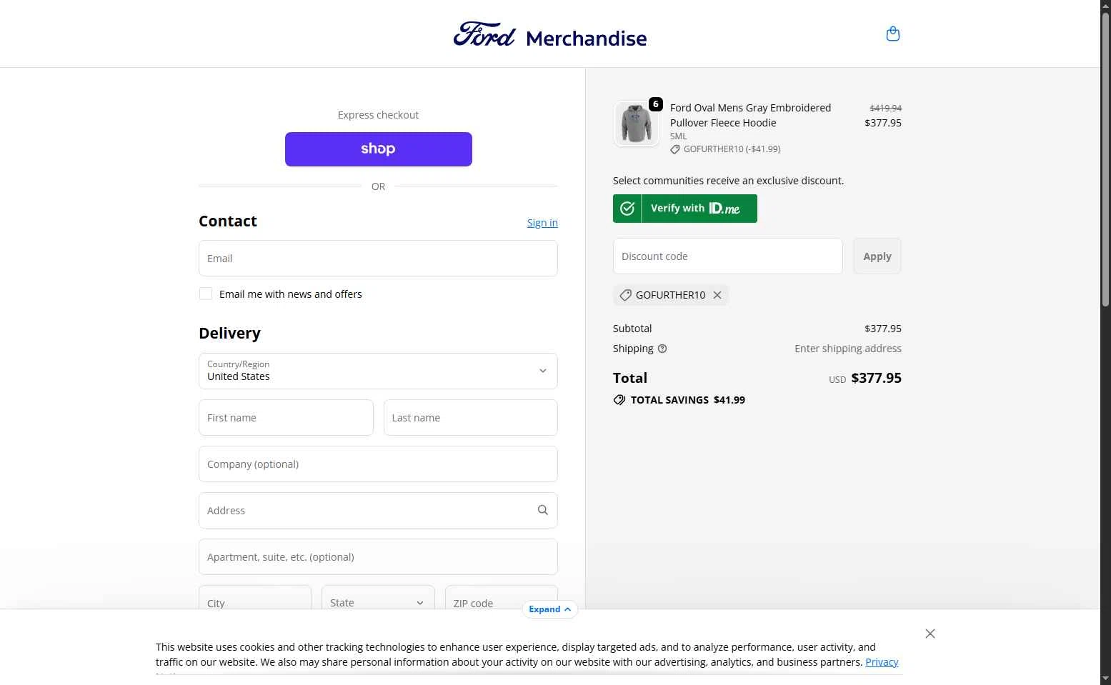 Ford checkout page showing Ford promo code box | Screenshot taken by SimplyCodes community member on Jan 14, 2026
