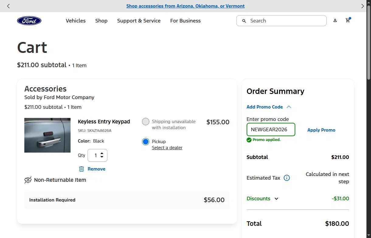Ford checkout page showing Ford promo code box | Screenshot taken by SimplyCodes community member on Jan 31, 2026