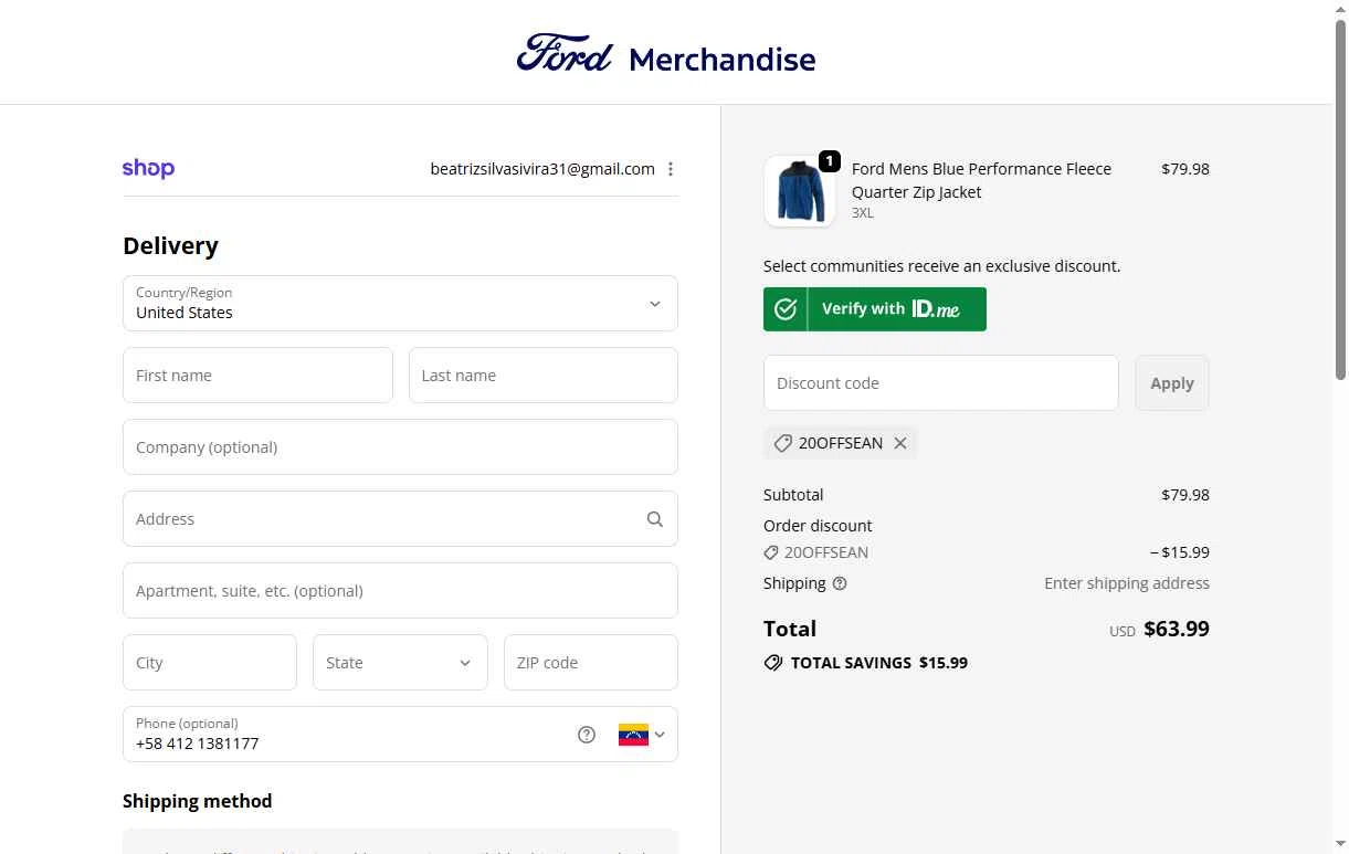 Ford checkout page showing Ford promo code box | Screenshot taken by SimplyCodes community member on Jan 10, 2026