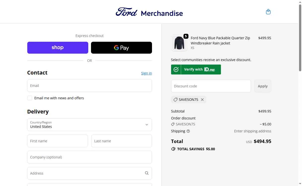 Ford checkout page showing Ford promo code box | Screenshot taken by SimplyCodes community member on Feb 5, 2026