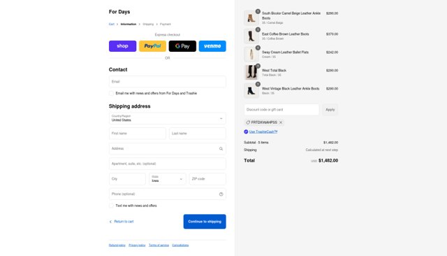 For Days checkout page showing For Days discount code box | Screenshot taken by SimplyCodes community member on Sep 2, 2025