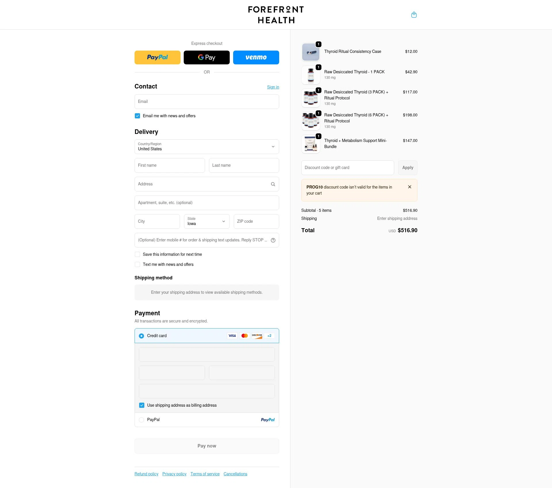 Forefront Health checkout page showing Forefront Health discount code box | Screenshot taken by SimplyCodes community member on Feb 10, 2026
