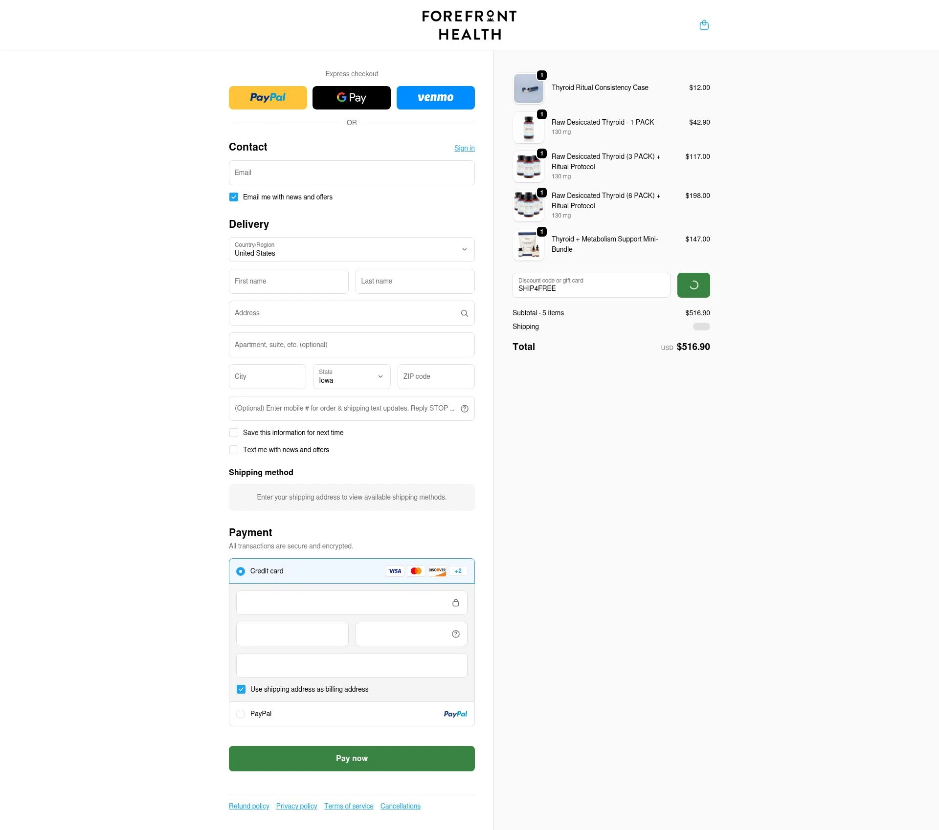 Forefront Health checkout page showing Forefront Health discount code box | Screenshot taken by SimplyCodes community member on Feb 10, 2026