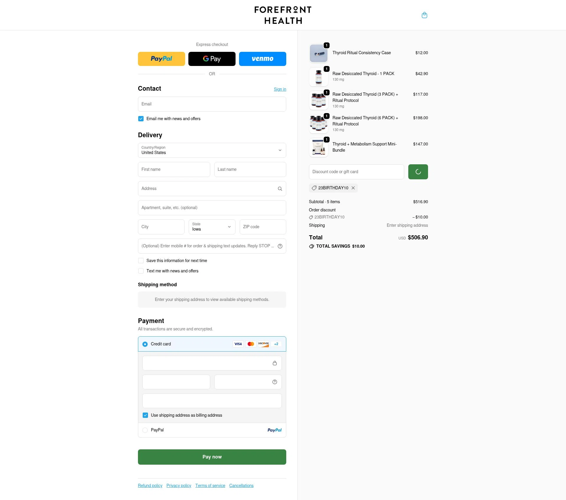 Forefront Health checkout page showing Forefront Health discount code box | Screenshot taken by SimplyCodes community member on Feb 10, 2026