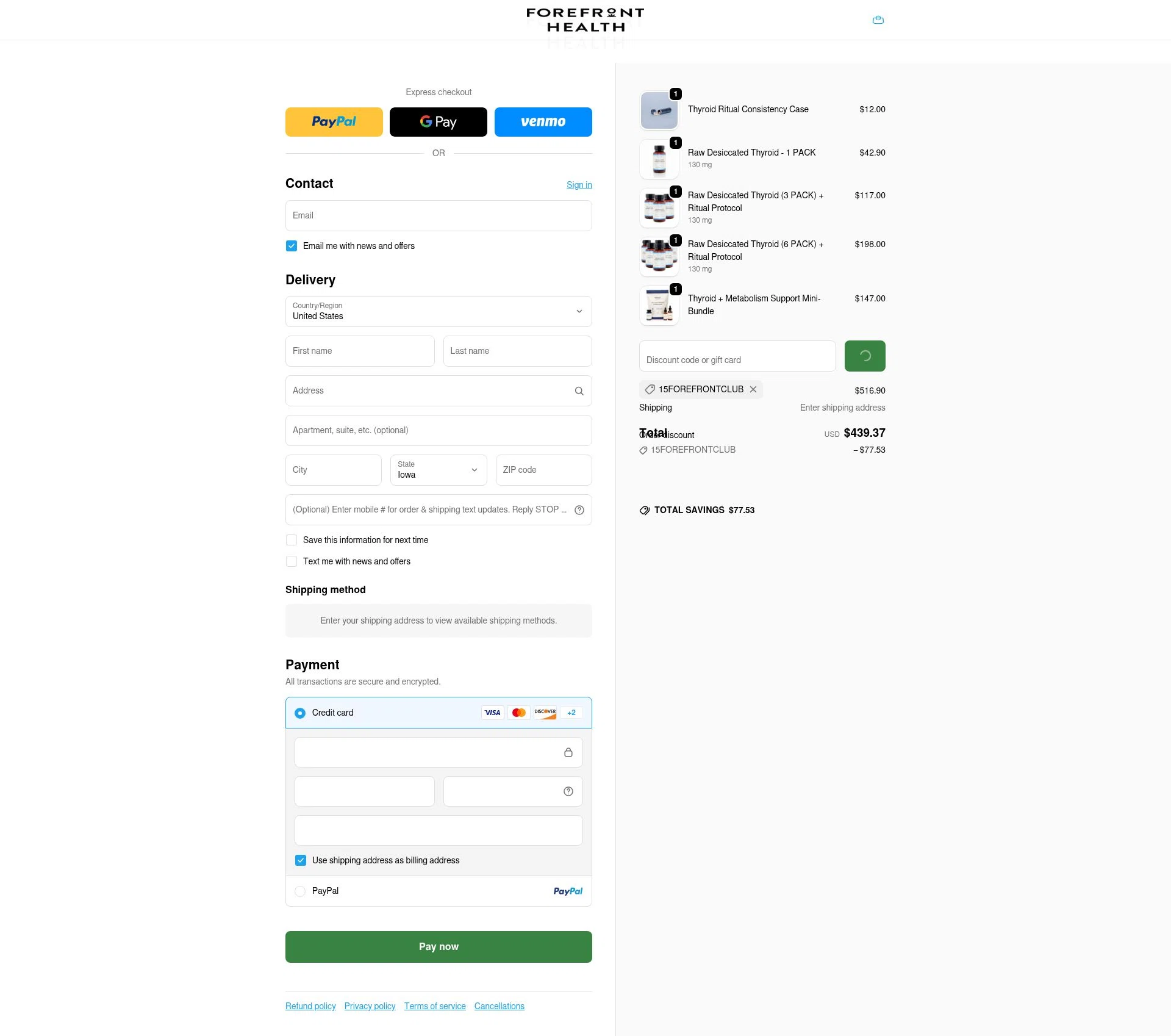 Forefront Health checkout page showing Forefront Health discount code box | Screenshot taken by SimplyCodes community member on Feb 10, 2026