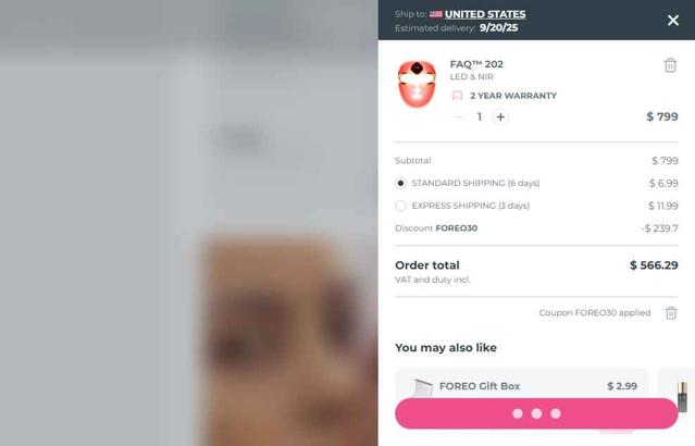 Foreo checkout page showing Foreo coupon code box | Screenshot taken by SimplyCodes community member on Sep 14, 2025