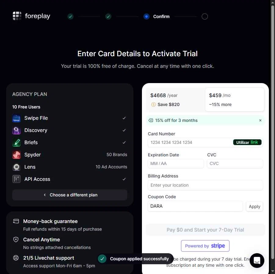 Foreplay checkout page showing Foreplay promo code box | Screenshot taken by SimplyCodes community member on Feb 4, 2026