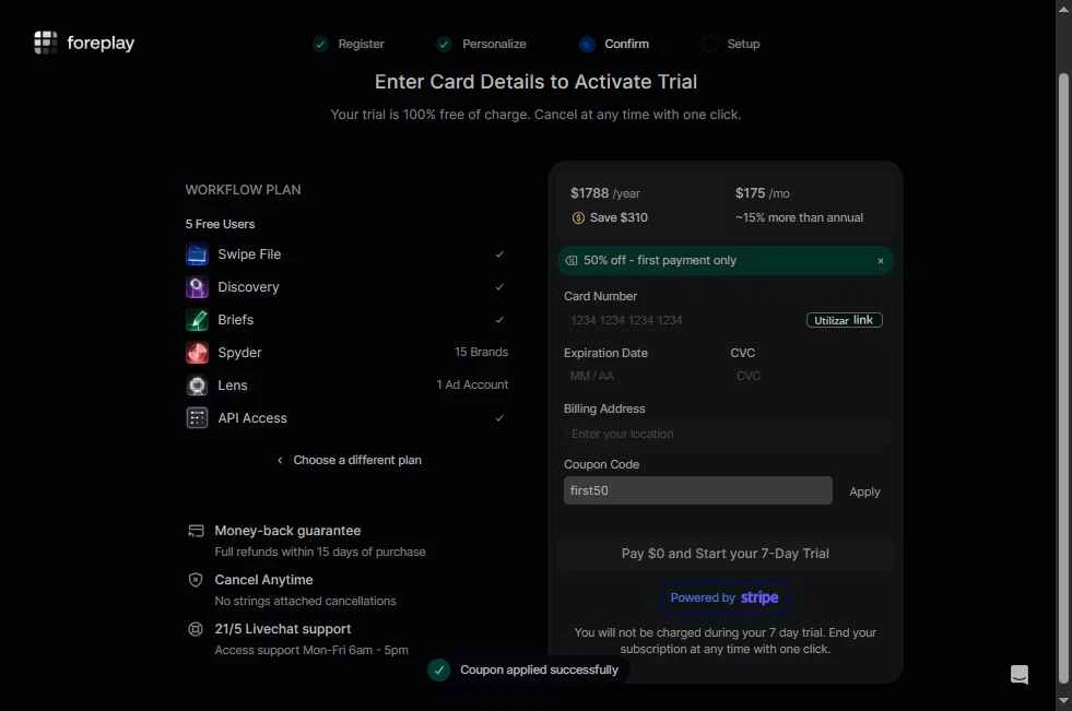 Foreplay checkout page showing Foreplay promo code box | Screenshot taken by SimplyCodes community member on Jan 17, 2026