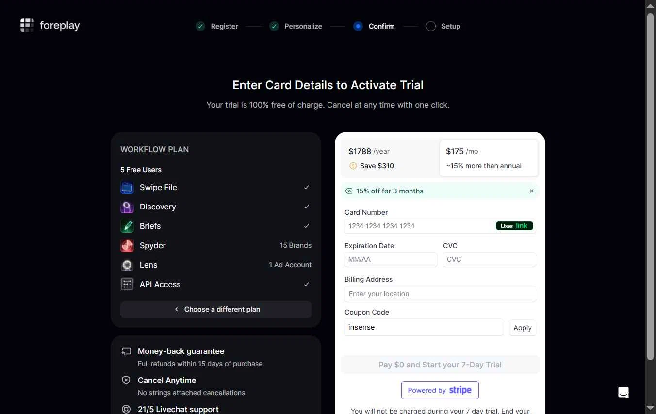 Foreplay checkout page showing Foreplay promo code box | Screenshot taken by SimplyCodes community member on Jan 27, 2026