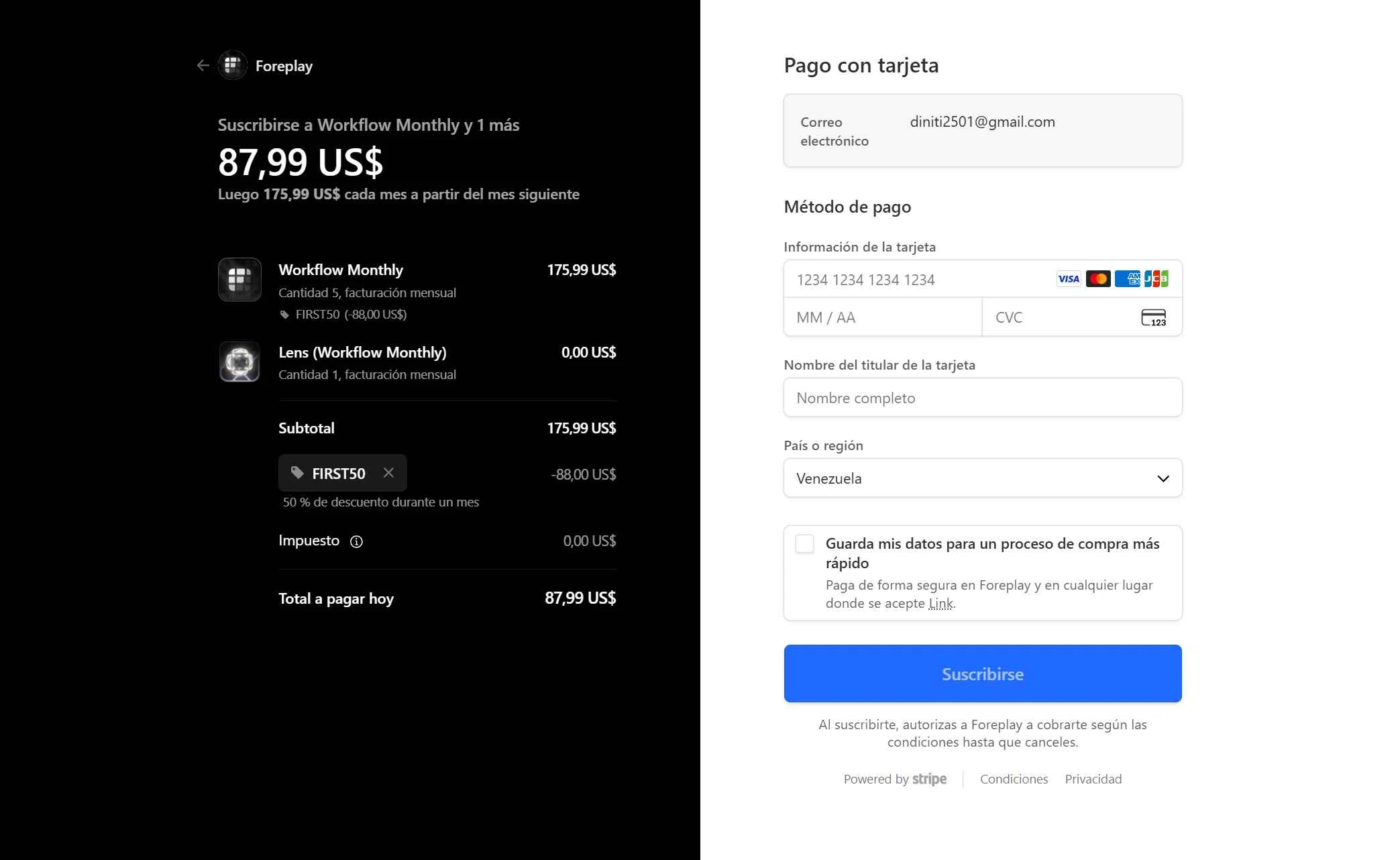 Foreplay checkout page showing Foreplay promo code box | Screenshot taken by SimplyCodes community member on Jan 23, 2026