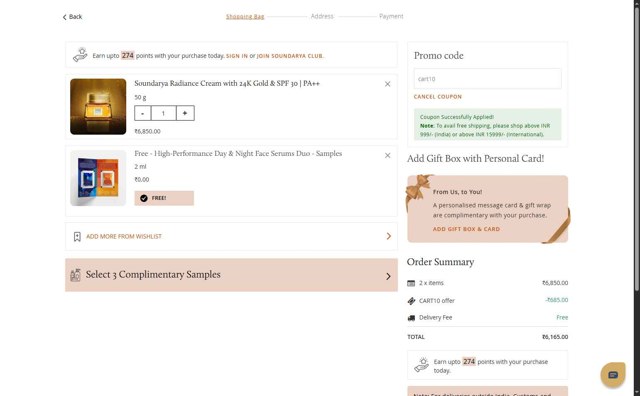 Forest Essentials checkout page showing Forest Essentials promo code box | Screenshot taken by SimplyCodes community member on May 6, 2025