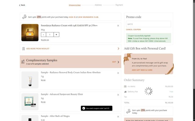 Forest Essentials checkout page showing Forest Essentials promo code box | Screenshot taken by SimplyCodes community member on Jul 17, 2025