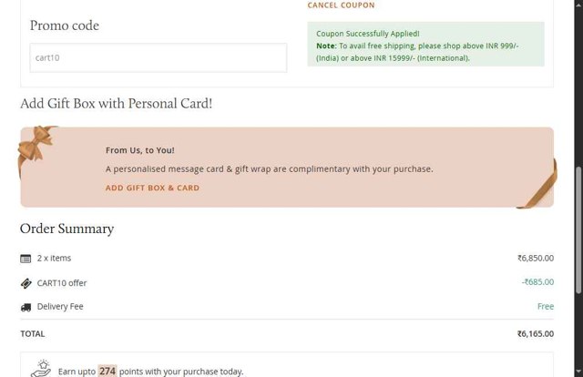 Forest Essentials checkout page showing Forest Essentials promo code box | Screenshot taken by SimplyCodes community member on May 6, 2025