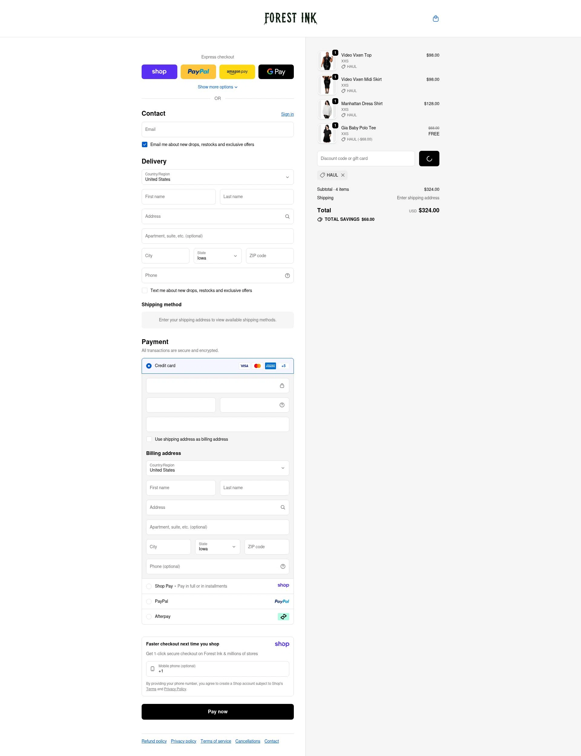 Forest Ink checkout page showing Forest Ink discount code box | Screenshot taken by SimplyCodes community member on Jan 13, 2026