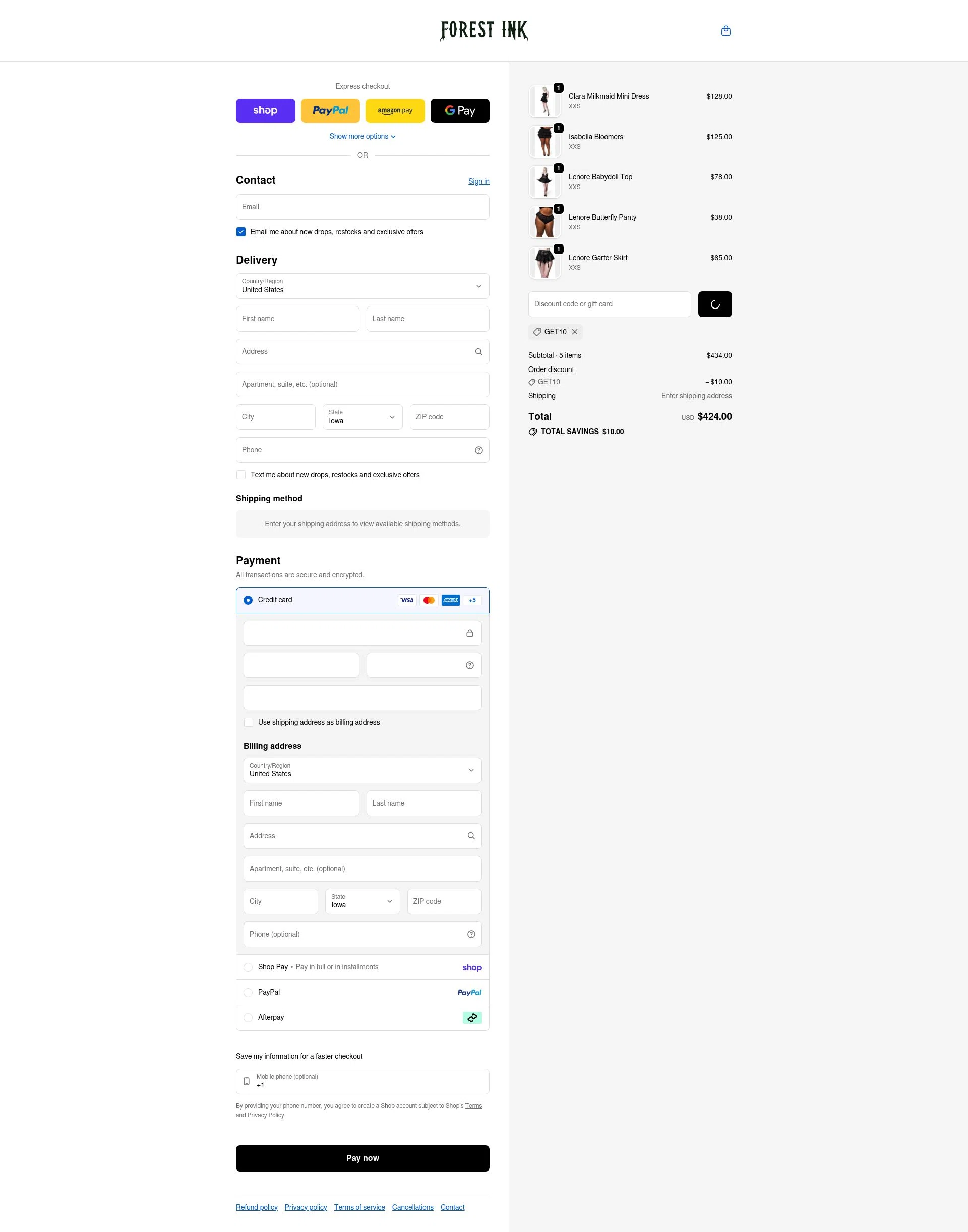 Forest Ink checkout page showing Forest Ink discount code box | Screenshot taken by SimplyCodes community member on Feb 5, 2026
